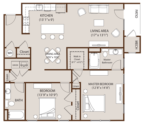 Floor plan for 2 beds, 2 baths, 1248 sqft